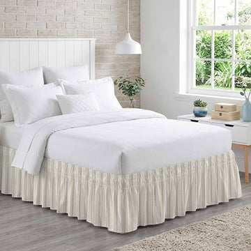 Wrap Around Bed Skirts for Queen Beds, Sage Green Stripe Geometric Beige Retro Farmhouse Decor Ruffle Bed Skirt with