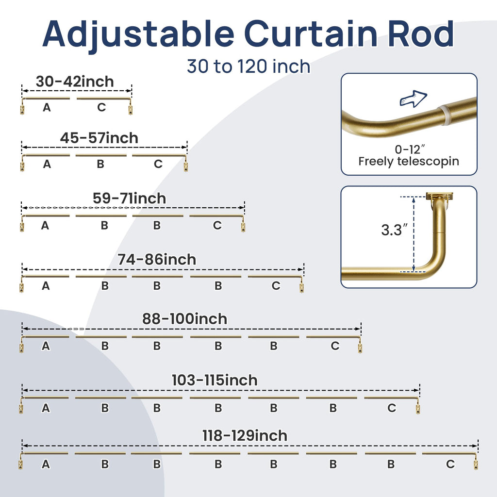 30-129" Wrap Around Curtain Rod, Quick Curtain Change, Gold
