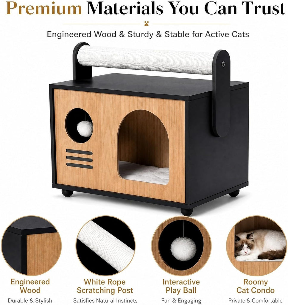 Wooden Cat House with Top Scratching Post for Indoor Cats