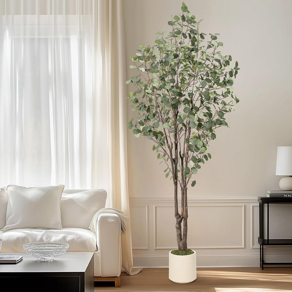 Eucalyptus Trees Artificial Indoor,7FT Tall Faux Plants Indoor with White Planter, Green Lifelike Fake Eucalyptus