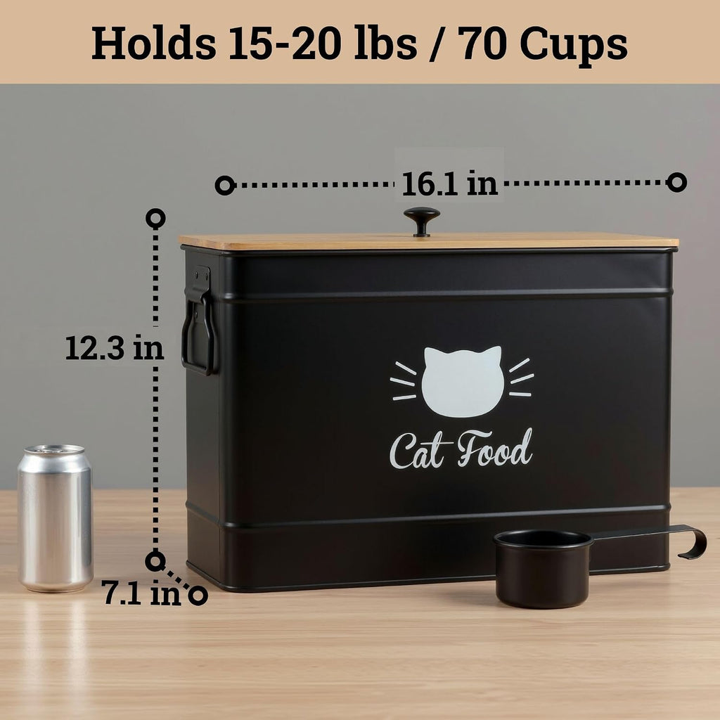Metal Cat Food Container with Scoop, 15lb (50 Cup) w/ Airtight Bamboo Lid