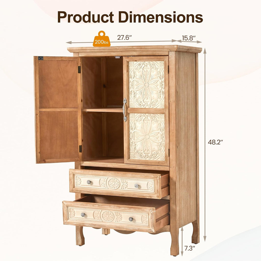 48" Tall Accent Cabinet with 2 Carved Doors and 2 Drawers, Wood Vintage Cabinet with Storage, French Country