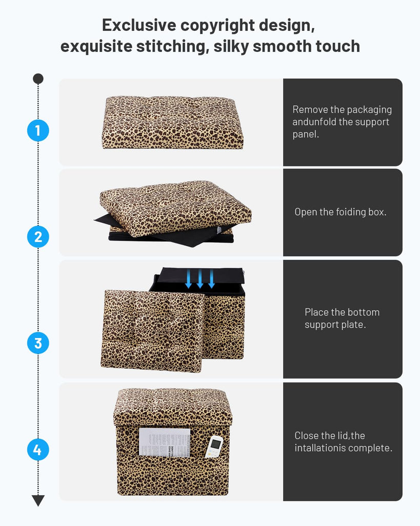 Storage Ottoman, 17" Folding Velvet Foot Rest, Leopard Print 2 Pack