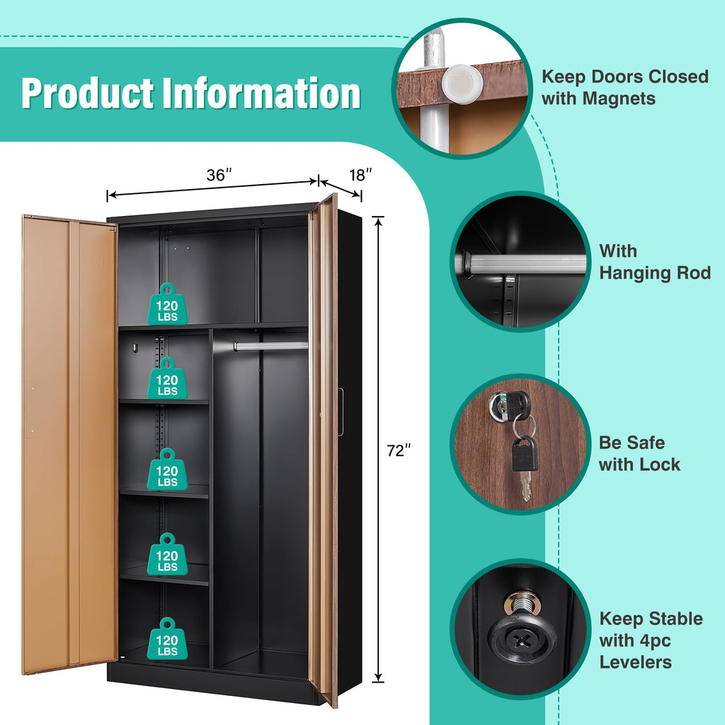Wide & Deep Metal Storage Cabinet with Hanging Rod, Broom Closet Storage Cabinet with Lock, 72" Tall Wardrobe Cabinets