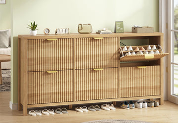 63" Shoe Cabinet Storage, Fluted Shoe Cabinet with 6 Flip Drawers, Hidden Shoe Rack Freestanding Wooden Shoe