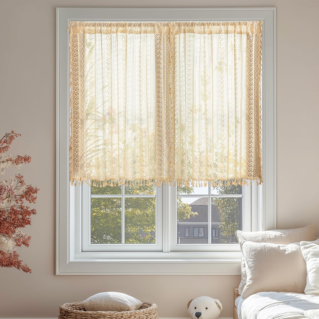 Beige Lace Boho Curtains 45 Inches 2 Panels, Semi Sheer Small Window Curtains Cafe Crochet Vintage Chic Country