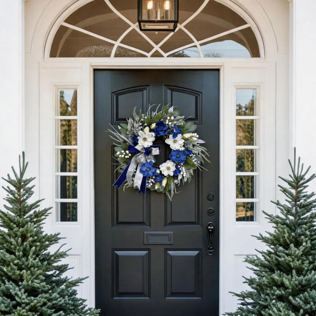 24 Inch Blue Magnolia Winter Door Wreath with Bow & Silver Ornaments