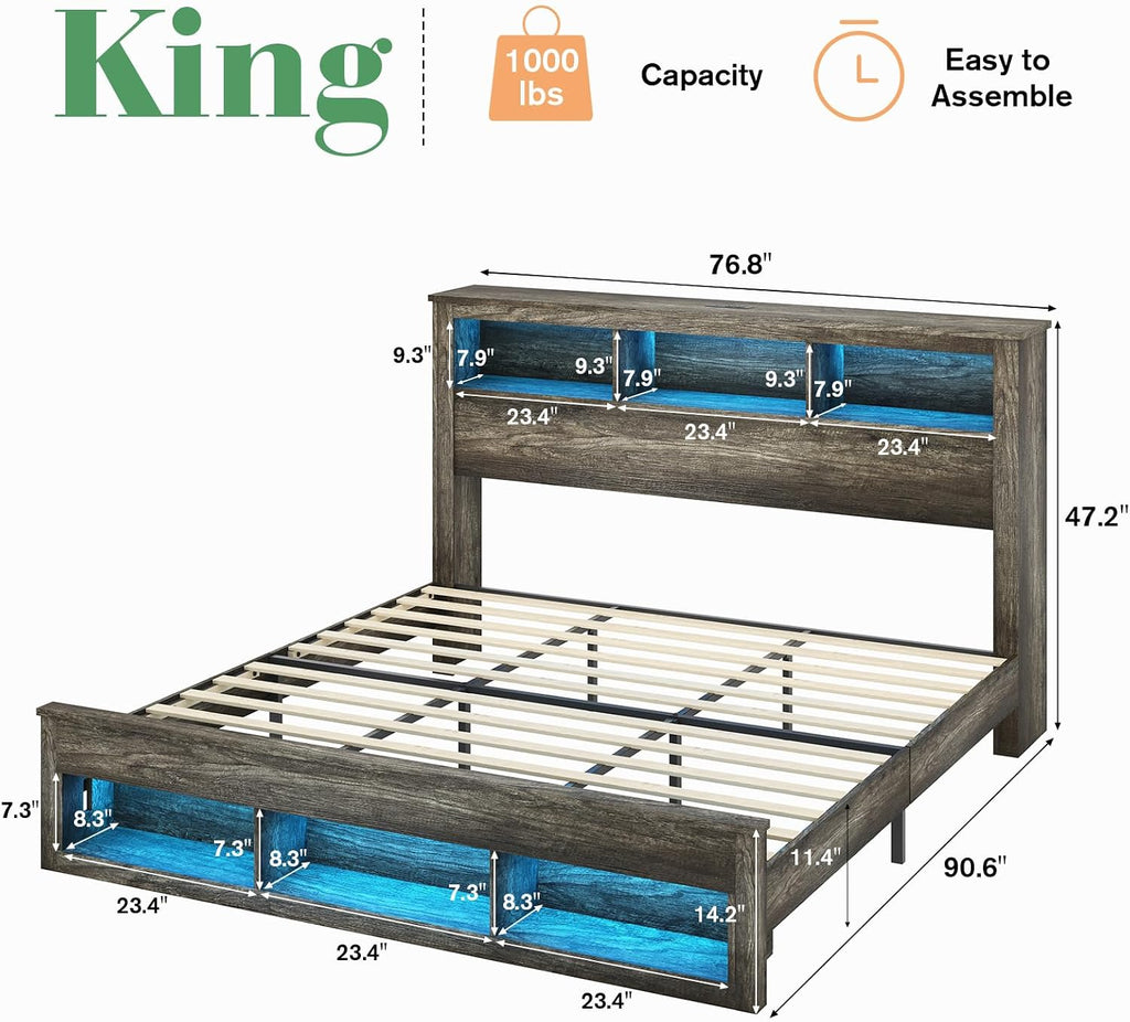 King Bed Frame with 47.2" Bookcase Storage Headboard & Footboard, Farmhouse Wooden Platform Bed with LED Light &