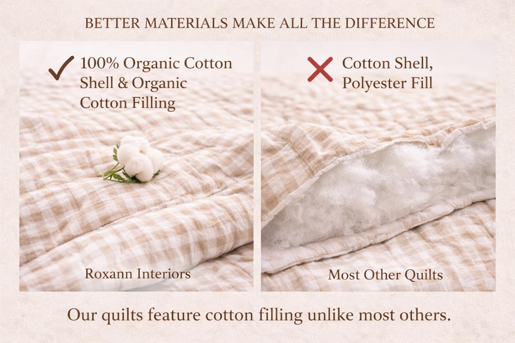 100% Organic Cotton Quilt (Shell & Fill), Neutral Gingham Quilt, Oeko-TEX Certified, GOTS Certified, Channel