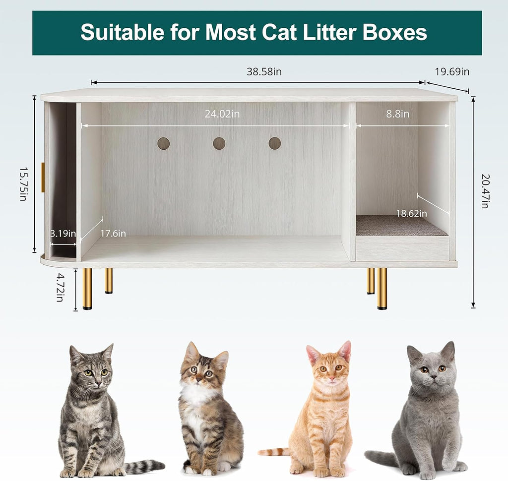 Cat Litter Box Enclosure with Scratch Pad, Sliding Door, 38.5" Cat Litter Furniture Hidden Litter Box Cabinet, Modern