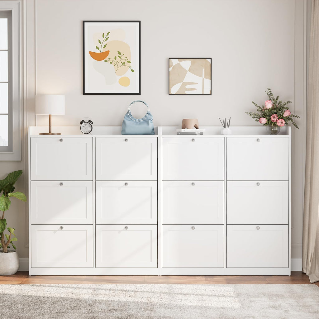 Large Shoe Storage Cabinet with 6 Flip Drawers, Freestanding Shoe Organizer with Open Storage & Crystal Handle, Slim