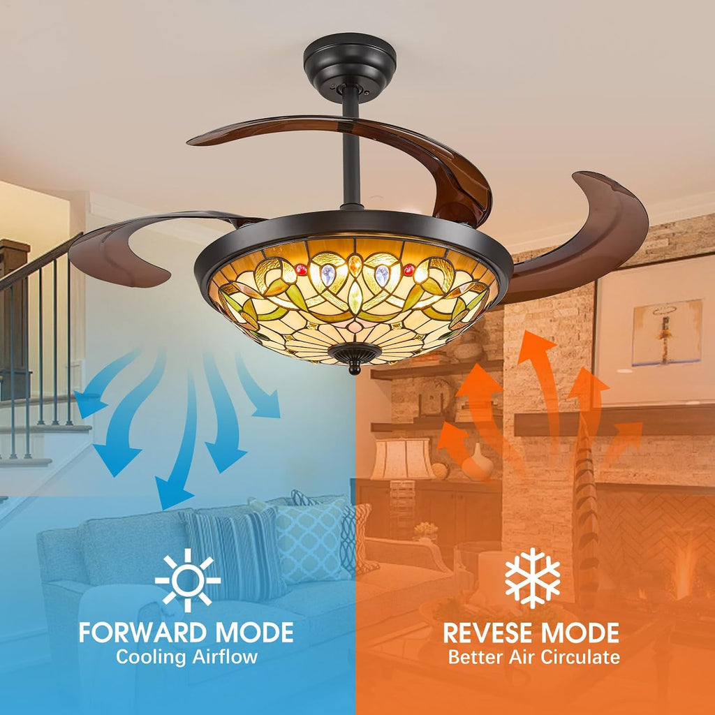 48" Tiffany Retractable Ceiling Fan with Light - (Gem Art, Black)