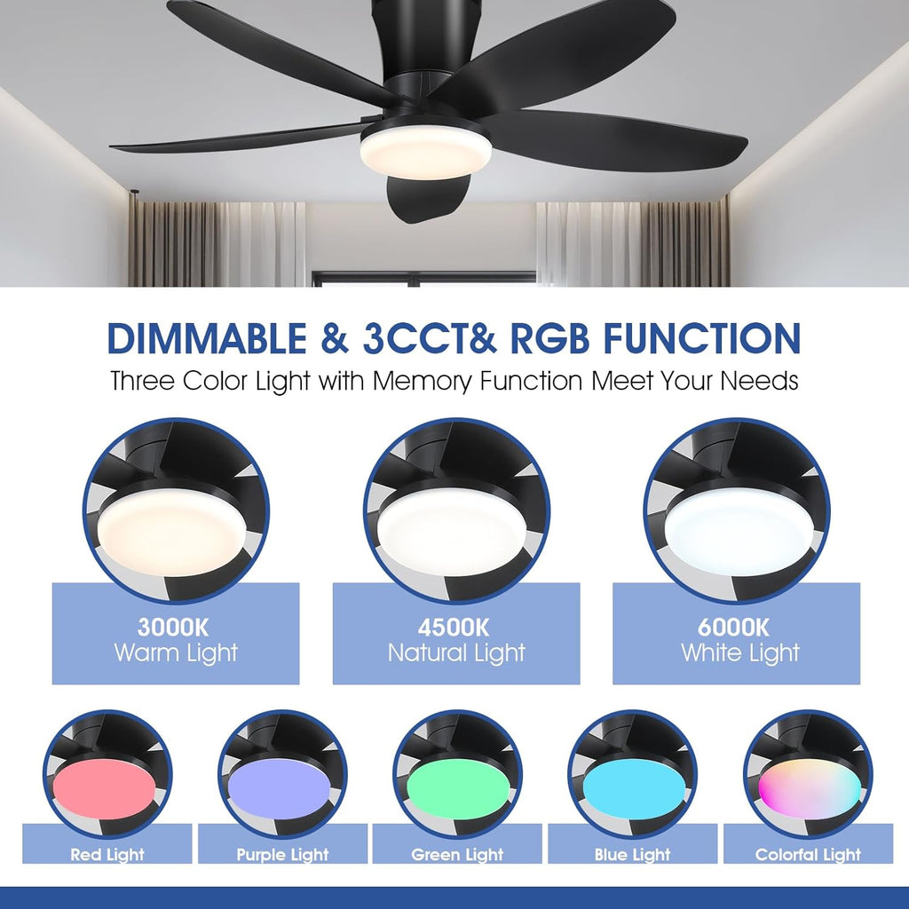 Flush Mount RGB Ceiling Fans with Lights-36 Low Profile Ceiling Fan with Light and Remote/APP Control,DC Reversible,LED Dimmable Black Ceiling Fans for Bedroom,Indoor/Outdoor Patio Use A101-B0F8HW8P6S