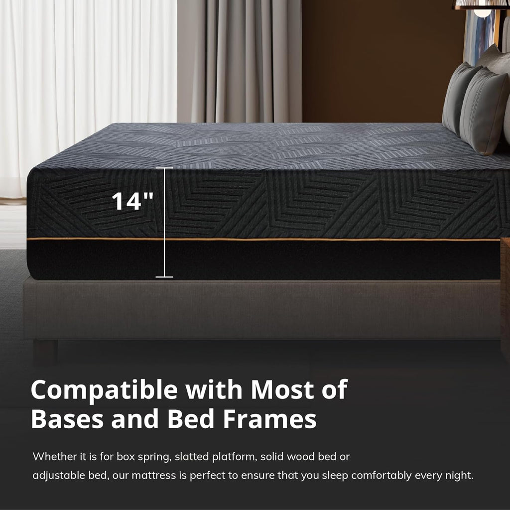 King 14 inch Memory Foam Mattress for Back Pain Relief Medium Firm | Fiberglass Free, Copper Gel Infused