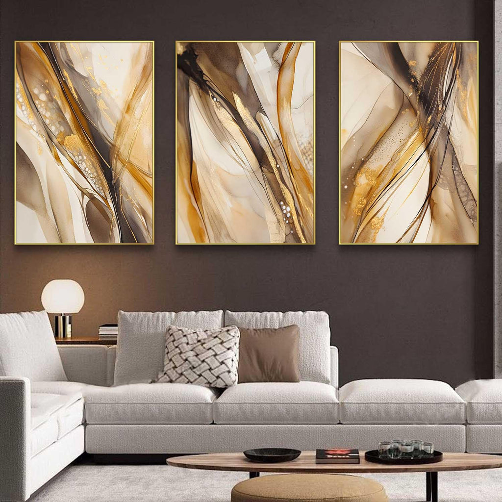 Abstract Marble Canvas Wall Art Neutral Beige Painting Brown and Gold Pictures Wall Decor Brown Marble Painting