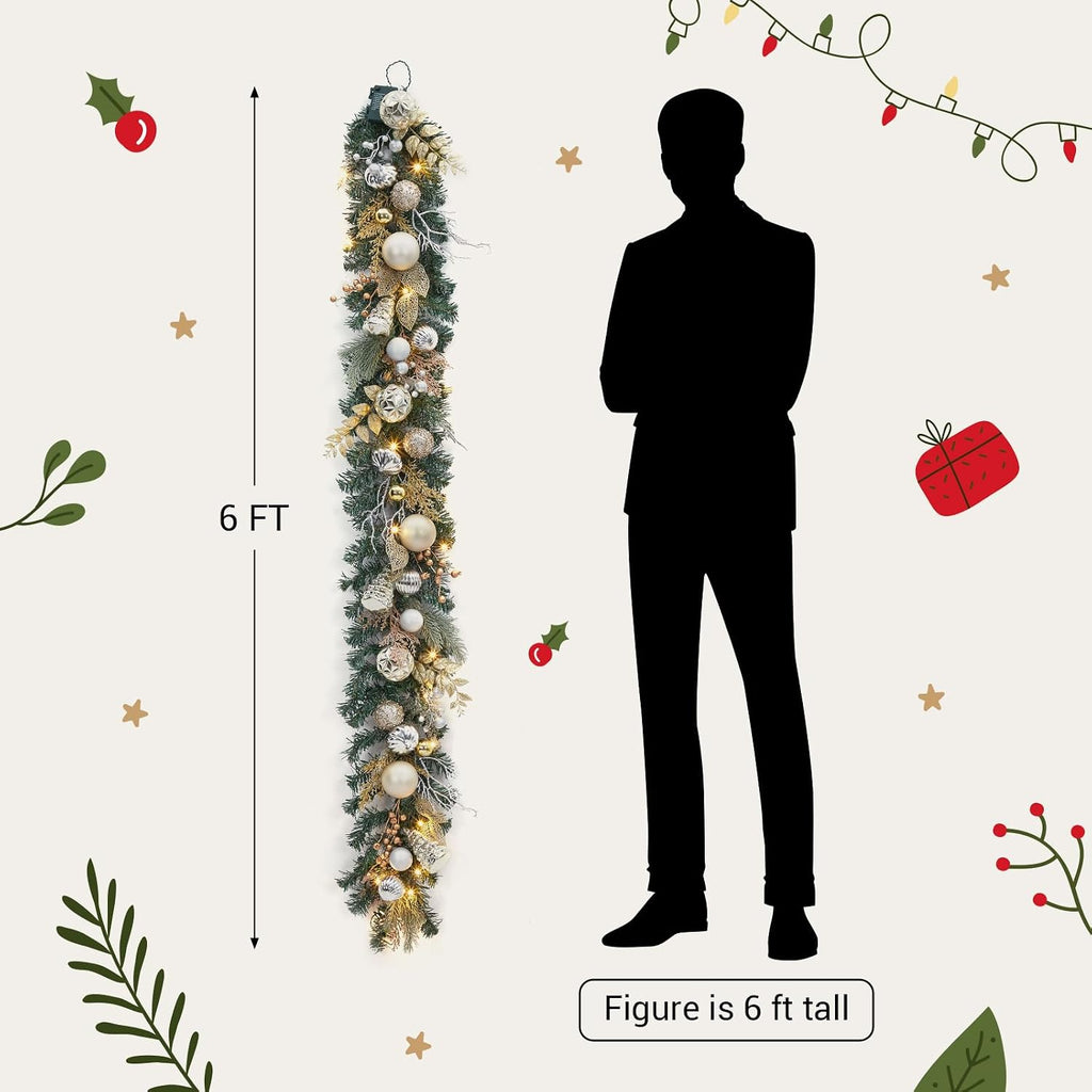 6ft Battery Operated Christmas Garland with 20 LED Lights & Timer, Pre-Lit Artificial Garland for Mantle, Staircase