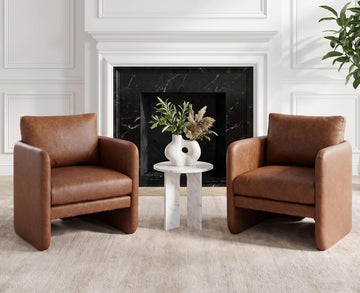 Leather Upholstered Modern Accent Chairs, Mid-Century Barrel Armchairs with Padded Cushion, Comfy Reading - Set of 2