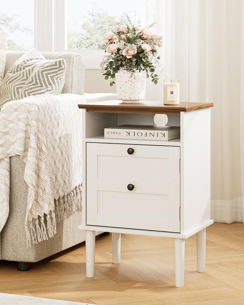 Nightstand, Boho Night Stand with 1 Drawer, Modern Side Accent Table with Open Shelf, Wooden Top Bedside End Table