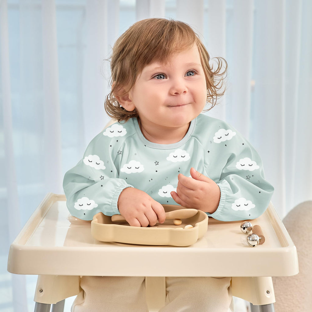 2 Pack Long Sleeve Baby Bibs, Waterproof Smock Bibs for Eating