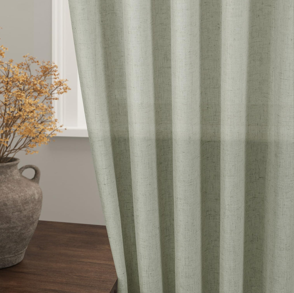 Sage Green Curtains 144 Inches Long 2 Panels Back Tab Rod Pocket Semi Sheer Linen Drapes Neutral Sage Decor Green