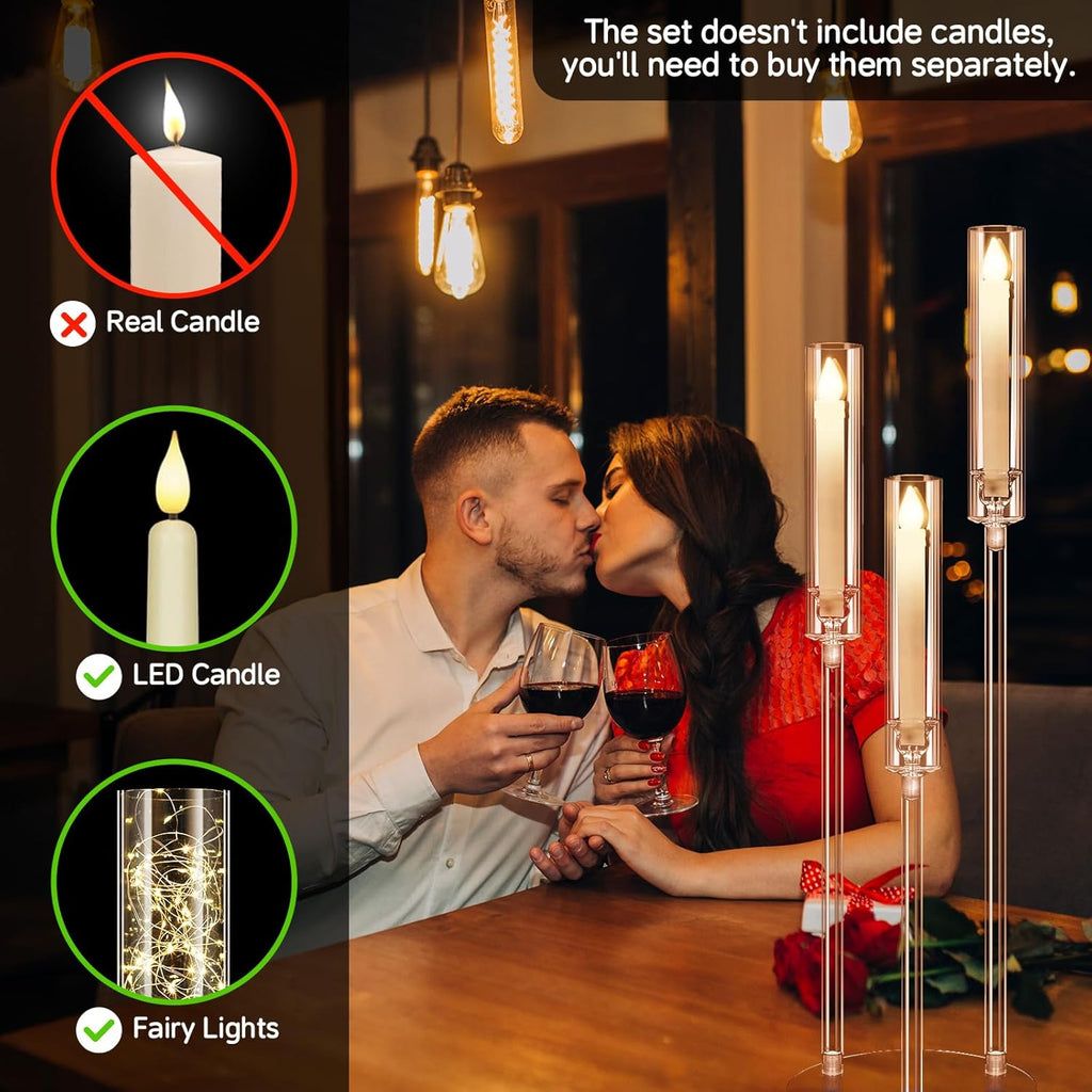 6 Set 3 Arms Acrylic Candelabra Centerpieces,30.7" Clear Candlesticks Holder with Acrylic Shade for Valentine's Day