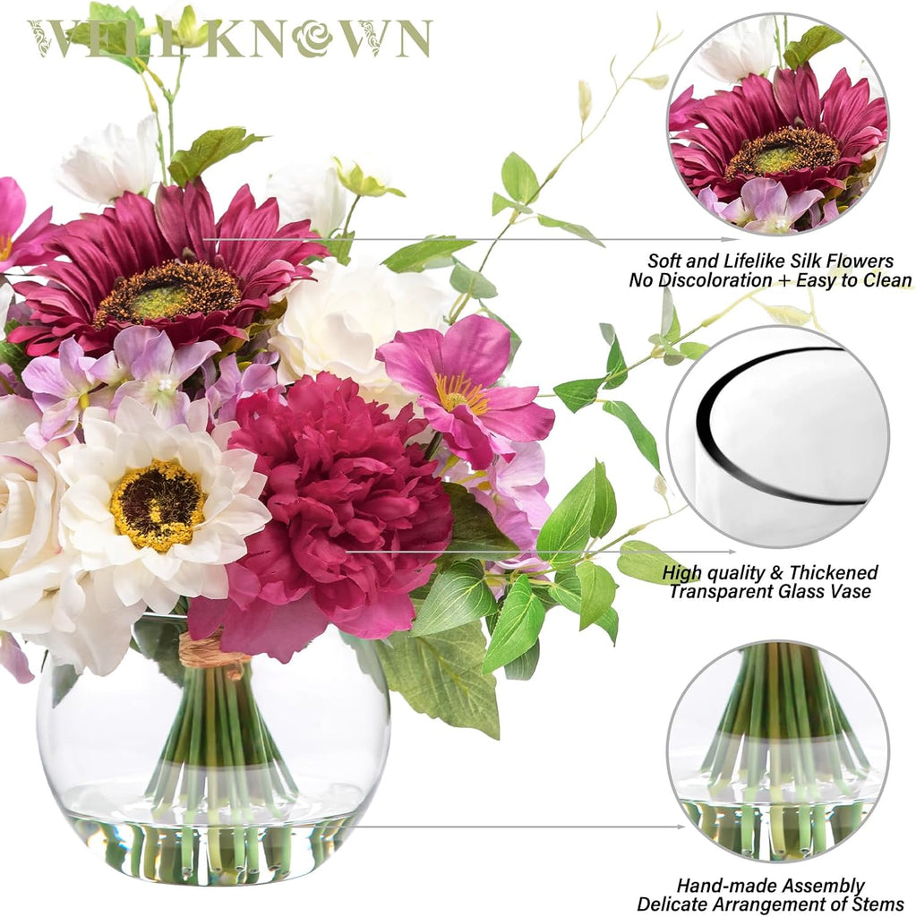 Artificial Flowers Centerpieces in Glass Vase with Fake Water, Silk White Rose Sunflowers Peony Bouquet with Vase for