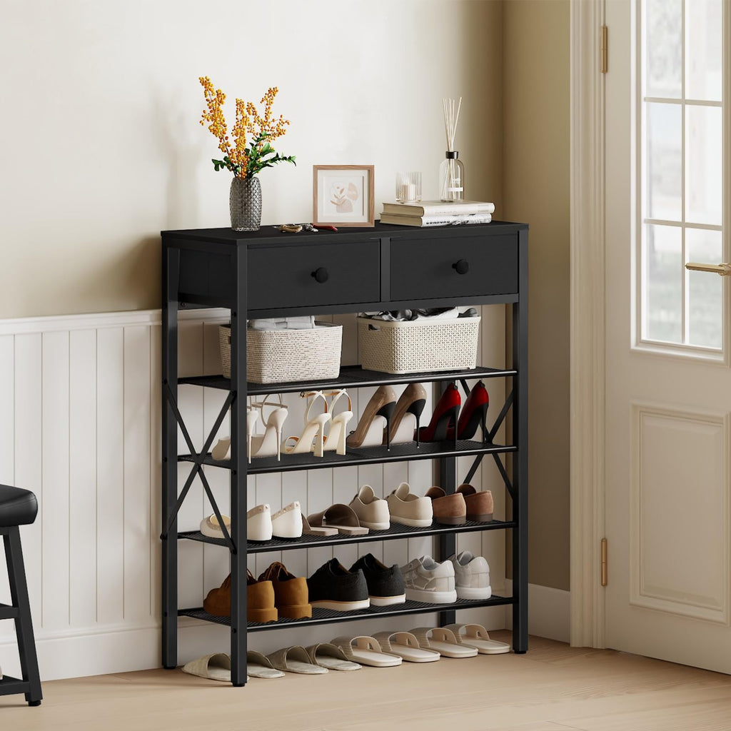 5 Tier Shoe Rack, Large Capacity Shoe Storage Organizer, Metal Shoe Shelf with Drawer and Wooden Top, for 20 Pairs of