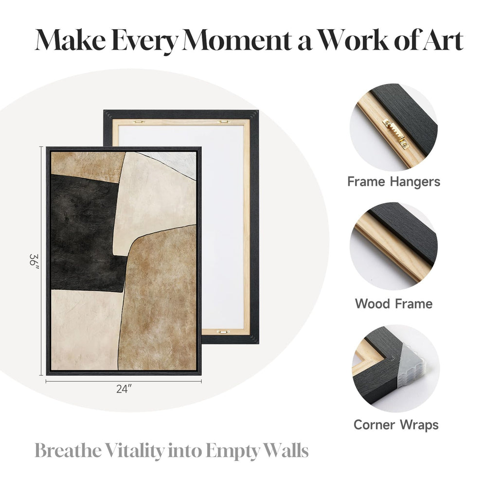 Framed Beige Black Mid century Abstract Wall Art, 24x36 In