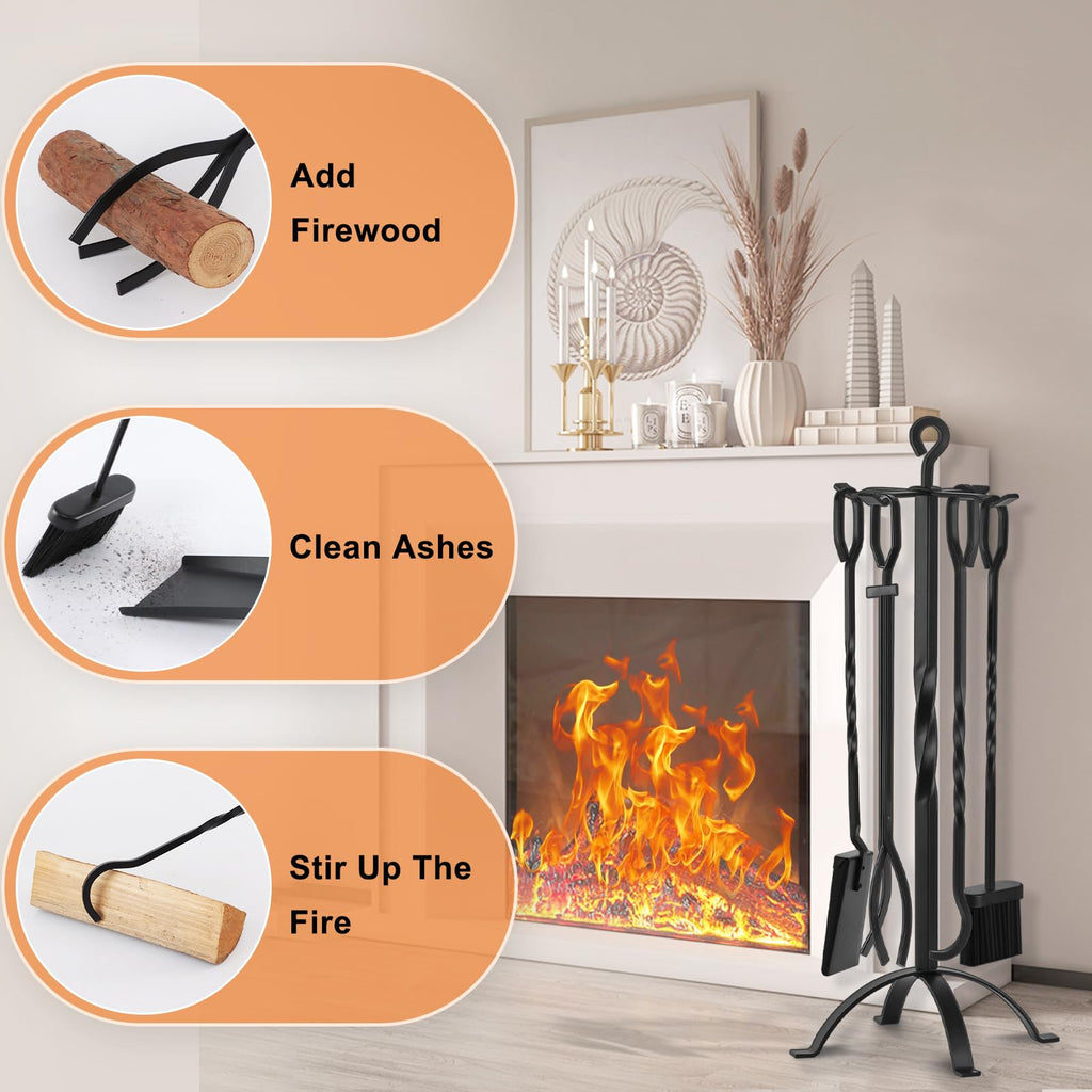 32" Fireplace Tools Set, 5-Piece Solid Wrought Iron with Stand