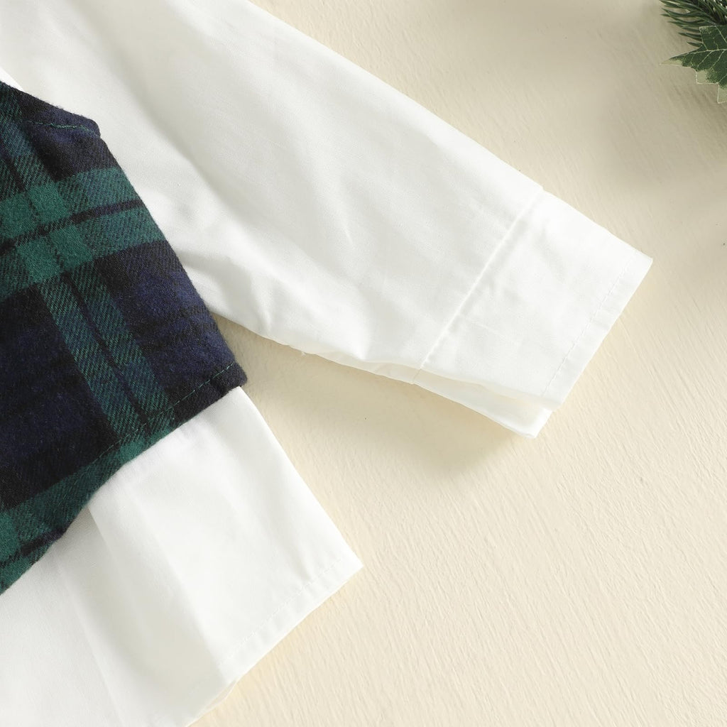 Toddler Boy Suit Christmas Gentleman Outfit Bow Tie Plaid Vest Button Down Shirt Elastic Pants Xmas Formal Outfits