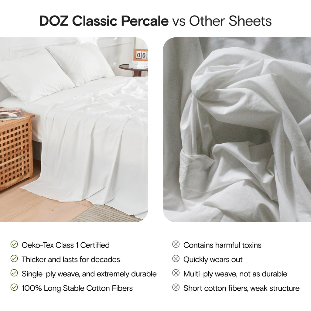 DOZ 100% Long Staple Cotton Sheet Sets, Classic Percale Cotton, Cool Crisp, Breathable, Matte Finish, Hotel Style