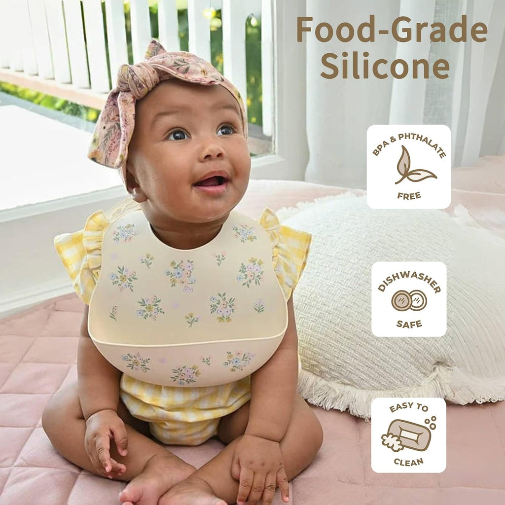 Silicone Bibs 2 Sets Baby Bibs with Food Catcher for Girls Boys Toddlers BPA Free Waterproof Soft Durable