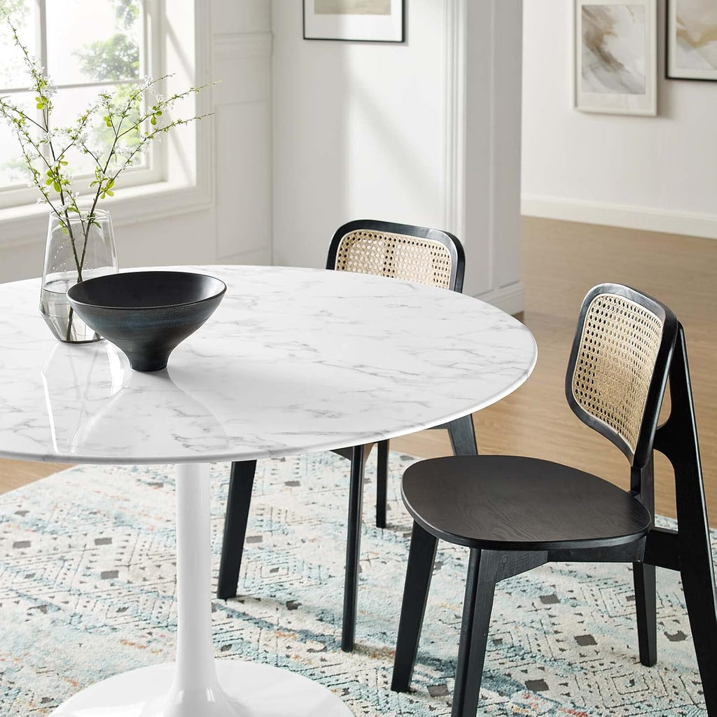 Lippa 47" Mid-Century Dining Table with Round Artificial Marble Top in White