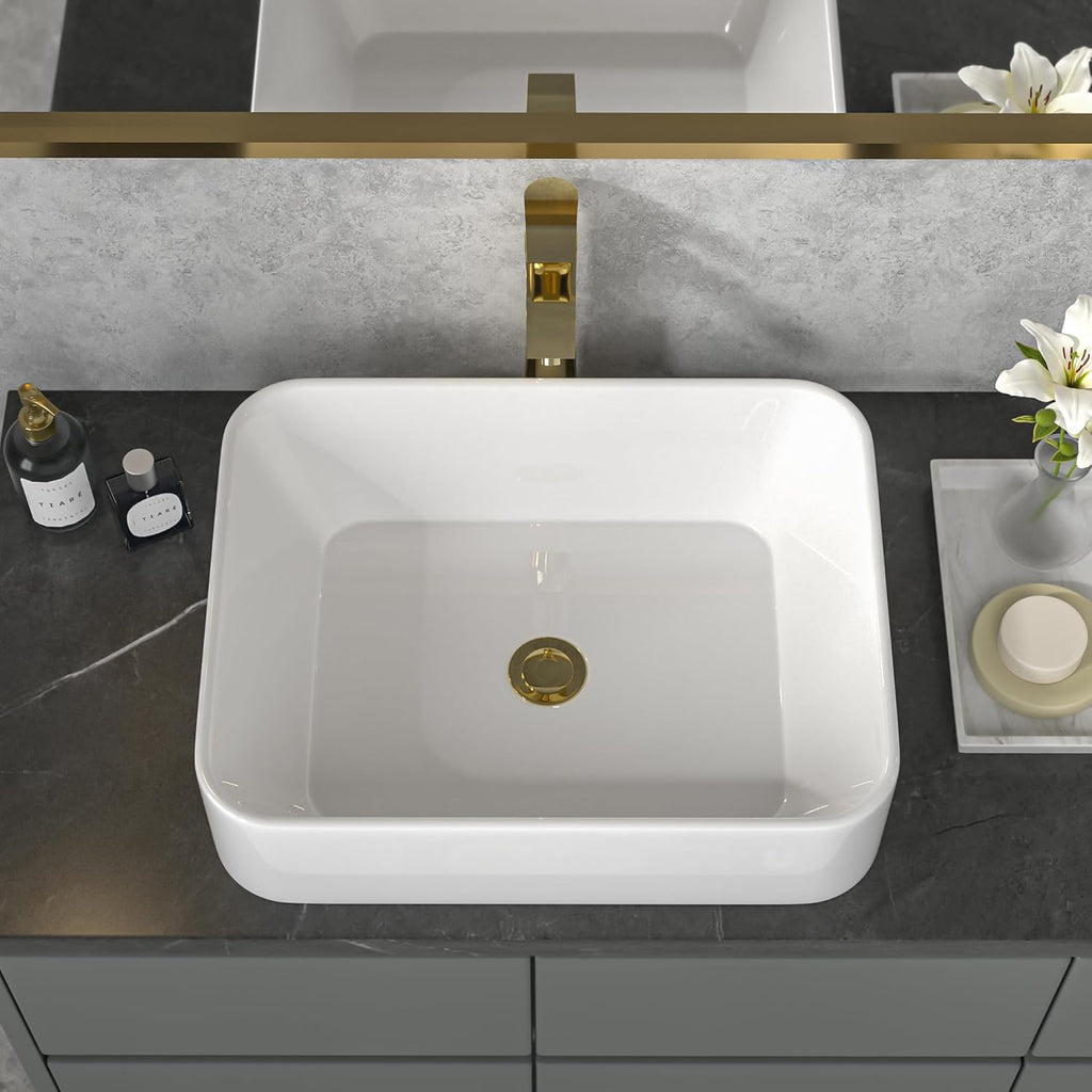 Sarlai Vessel Sink Rectangular - 19"x15" White Bathroom Sink Rectangle Above Counter Porcelain Ceramic Bathroom Vessel