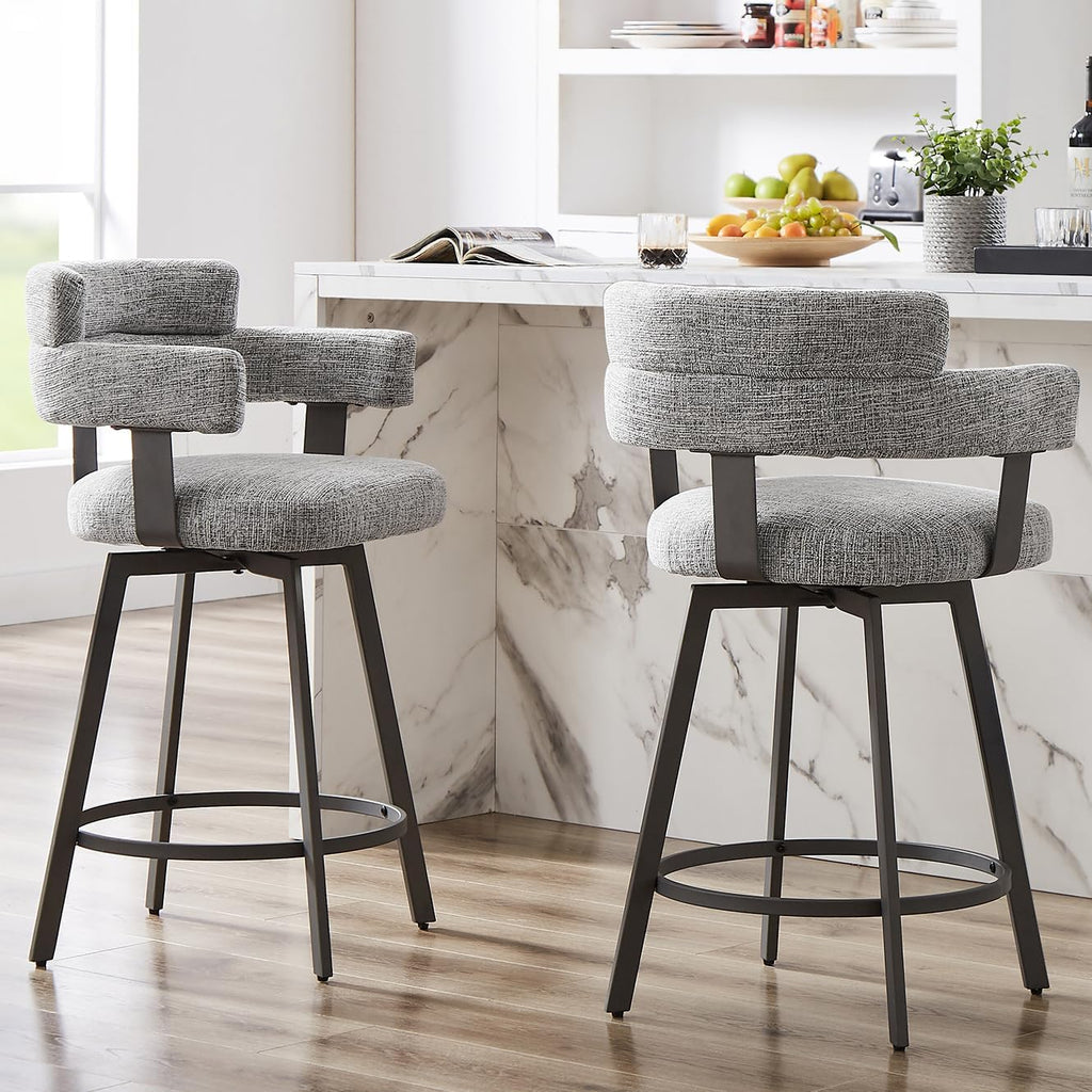 Counter Height Bar Stools with Full Back - Swivel Counter Stools Set of 2 with Linen Padded Back, Metal Footrest