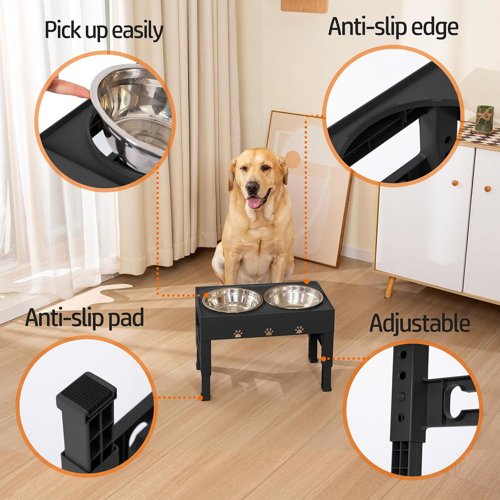 Elevated Dog Bowls with 2 Stainless Steel Bowls, 5-Height Adjustable Stand (3.1", 9" to 12"), for Improved Digestion