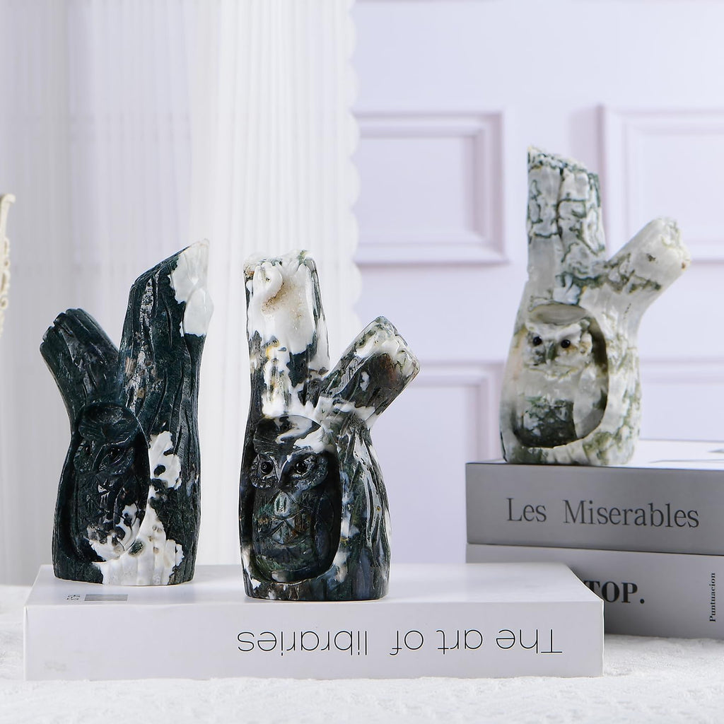 Natural Crystal Hand-Carved Tree Hole Owl Statues Hand Carved Reiki Healing Stone Statue Healing Home Office Art Room