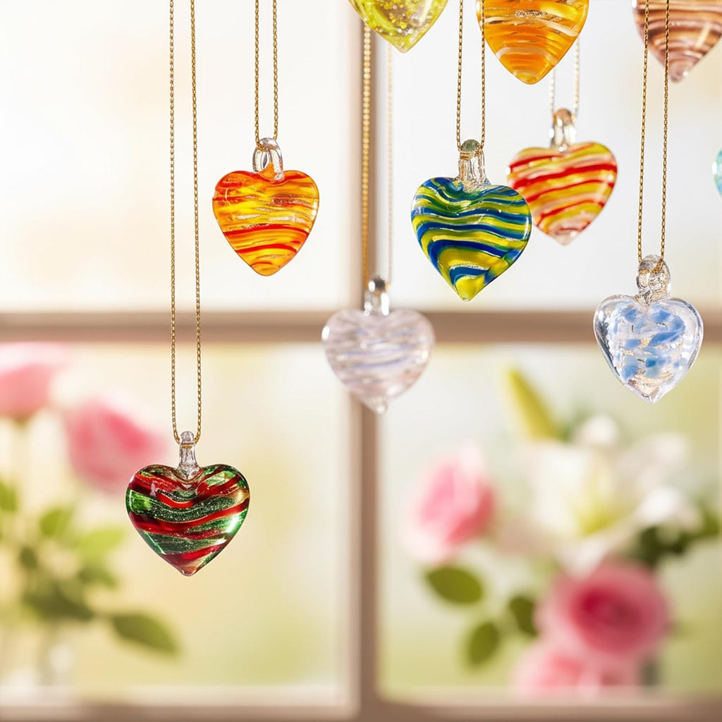 Blown Glass Heart Ornaments 1.4'' Multi-Colored Heart Baubles Hanging - Set of 12