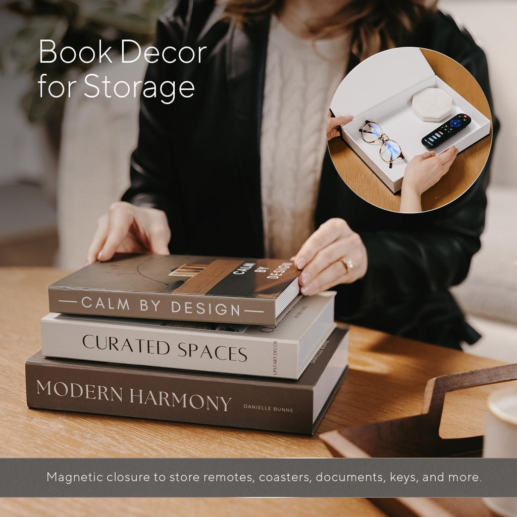 Modern Decorative Books Set of 3, Brown & Cream Faux Books with Storage | Large magnetic fake book boxes to store