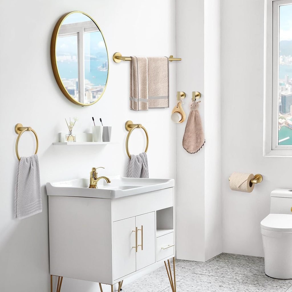 Brushed Gold Bathroom Hardware Set 6-Piece Bathroom Accessory Set 23.6 Inch Round Stainless Steel Towel Bar Set Wall