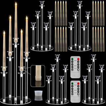 4 Set Acrylic Candelabra Centerpiece Clear Candle Holders with 20 LED Candles 5 Arm Holder for Tables with Remote