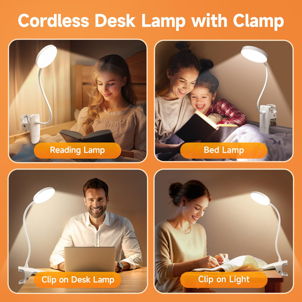 Desk Light,3600mAh Battery Operated Light,5 Brightness+5 Color Clip on Reading Lamp,400LM 36 LED Desk Lamp