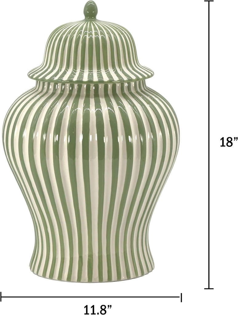 18" Green Candy Stripe Ginger Jar w/Lid - Christmas Holiday Decor Home Decor Living Room Party Decorations