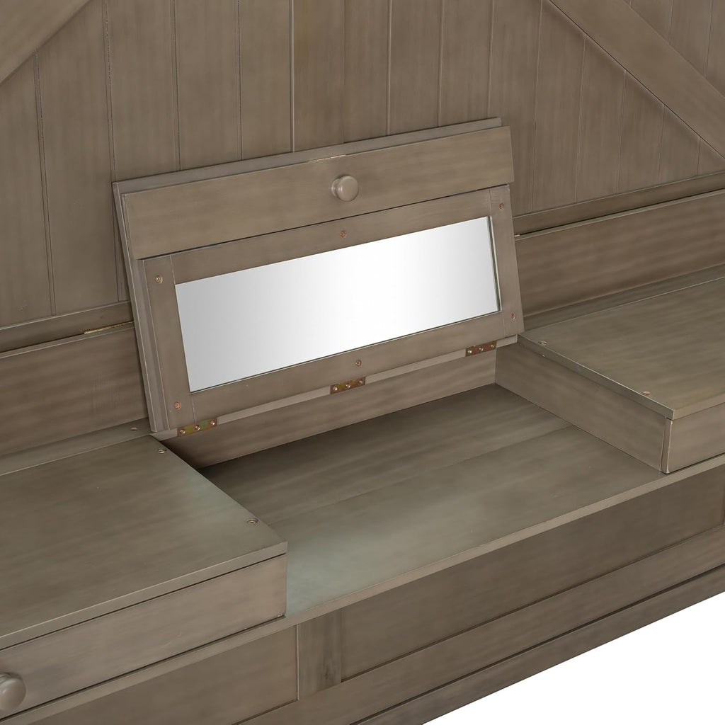 Queen Horizontal Murphy Bed with Desk and Storage Drawers & Mirror, Wood Farmhouse Folding Murphy Bed Cabinet with