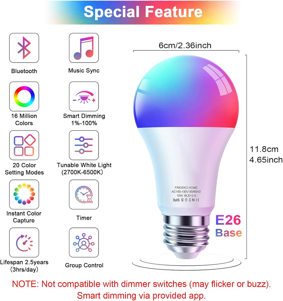 Smart Light Bulbs - Led Dimmible Color Changing Light Bulb for Home Works with Bluetooth Music Sync - A19 RGB