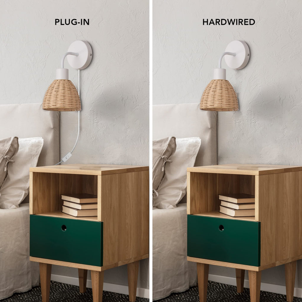 Briar 1-Light Plug-in or Hardwire Wall Sconce, Matte White, Rattan Shade, 6ft White Braided Fabric Designer Cord