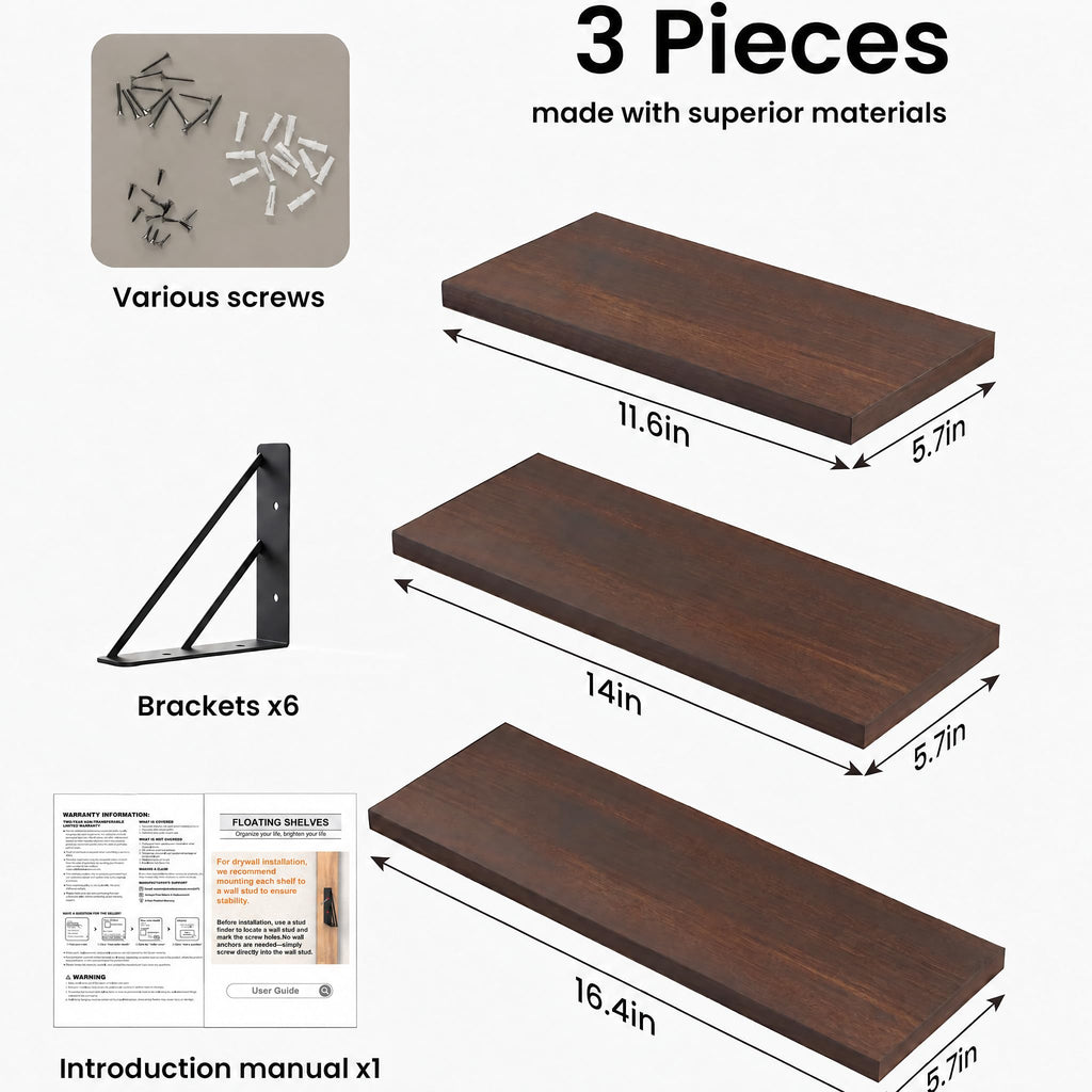 Wall Mounted Floating Shelves (Walnut-Like, Set of 3, 16" Mixed)