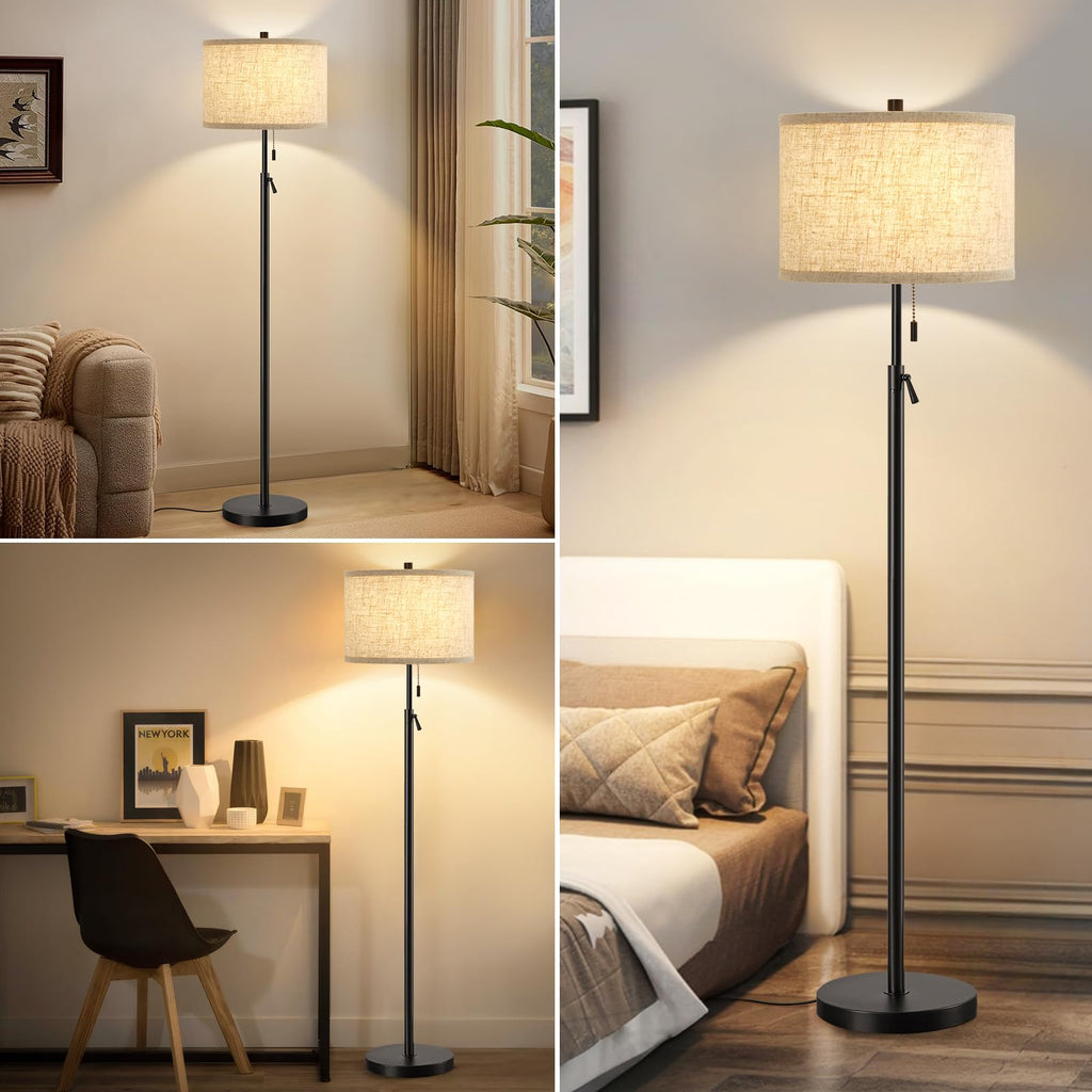 Black Floor Lamp, Height Adjustable Standing Lamp Tall Lamp with Fabric Lampshade&Pull Chain Corner Floor Lamps Bulbs