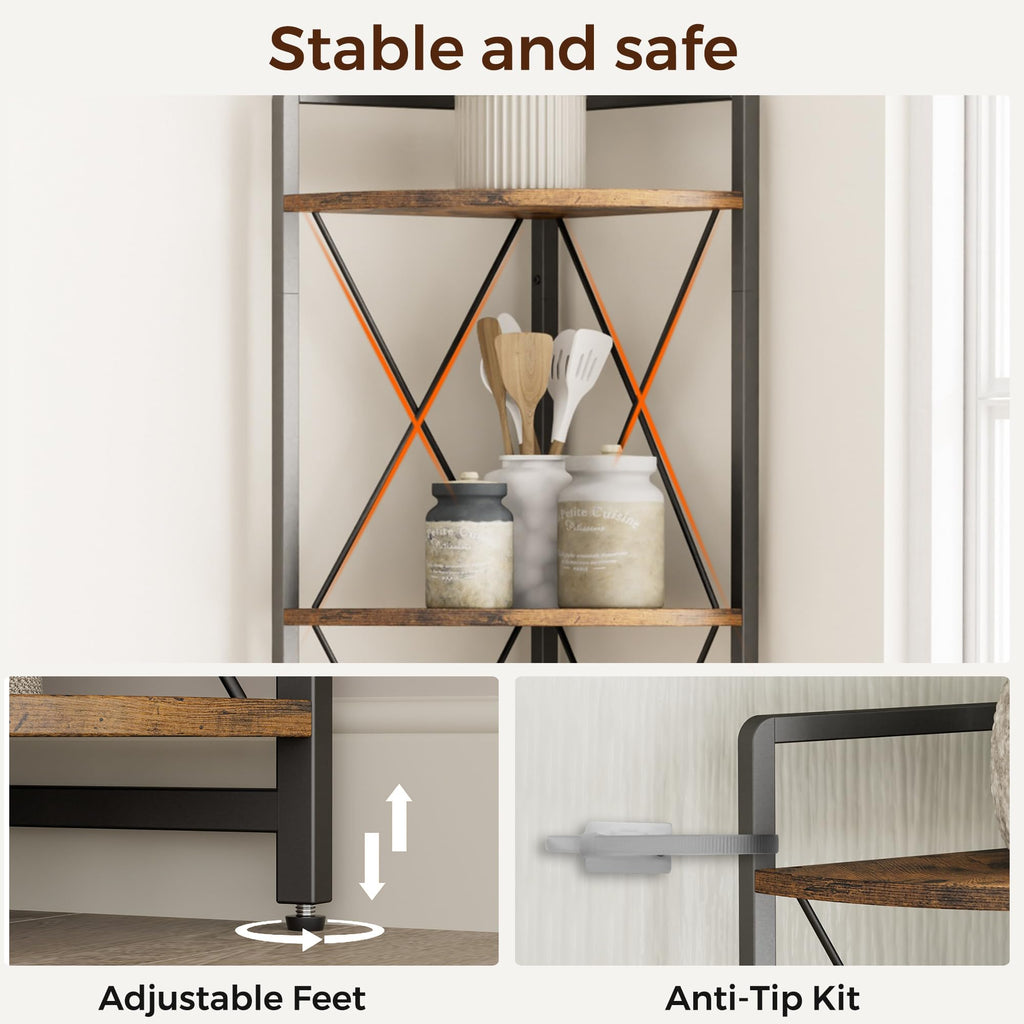 5 Tier Corner Shelf Stand, 64" H Tall Corner Bookshelf, Rustic Brown