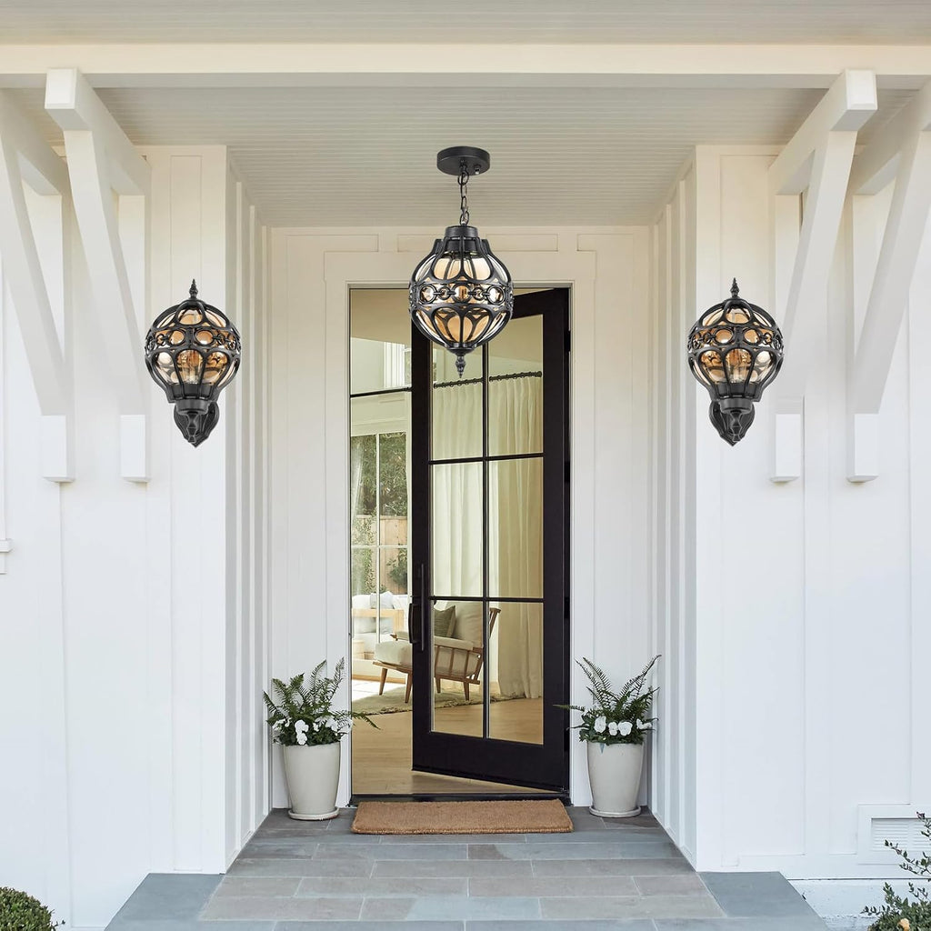 Dusk to Dawn Outdoor Pendant Lighting for Porch, Black Aluminum Anti-Rust Hanging Lights Fixture